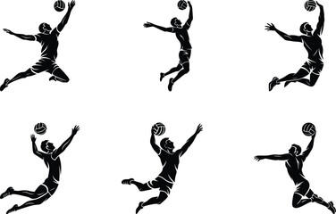 Volleyball player in action silhouette vector, Volleyball player in action isolated icon set, Volleyball player in action line art vector with transparent background