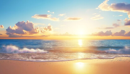 Fototapeta premium Peaceful Sunset Over Ocean – Relaxing Beach Scene for Travel, Wellness, and Nature Marketing