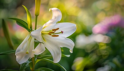 Fototapeta premium Beautiful white lily flower in the garden with colorful background.