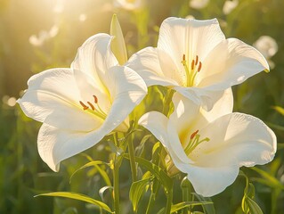 Fototapeta premium Captivating white lilies blooming in sunlit field nature serene environment close-up view