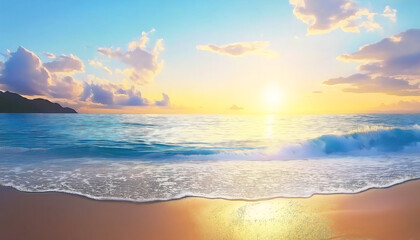 Fototapeta premium Peaceful Sunset Over Ocean – Relaxing Beach Scene for Travel, Wellness, and Nature Marketing