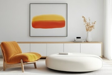 Modern Living Room, Featuring Cozy Sofa and Round Table, With Abstract Art and Decorative Elements, Bright and Inviting
