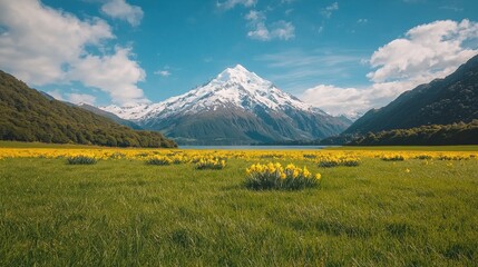 Majestic mountain landscape with yellow flowers new zealand nature scenic view serenity