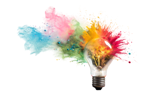 Creative light bulb explodes with colourful paint and splashes 