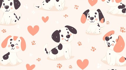 Adorable Dalmatian Puppies Hearts Paws Pattern