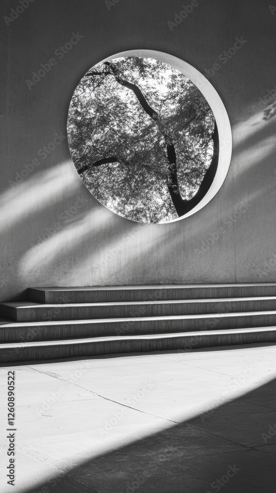 Poster architectural minimalism concrete stairway with circular window framing tree - modern design for urb