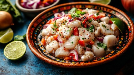 Peruvian ceviche, lime, onions, cilantro, seafood, vibrant background, food photography