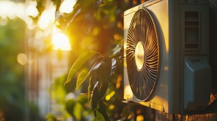 Sunset Glow on Air Conditioner Unit: Summer Heat Cooling System