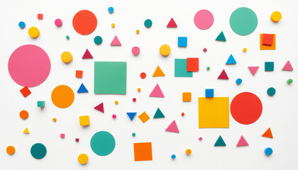 A lively abstract geometric pattern with colorful circles, squares, and triangles, ideal for modern design backgrounds.