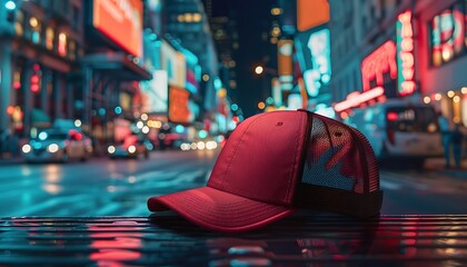 Obraz premium Red baseball cap on the street in the city. 3d rendering