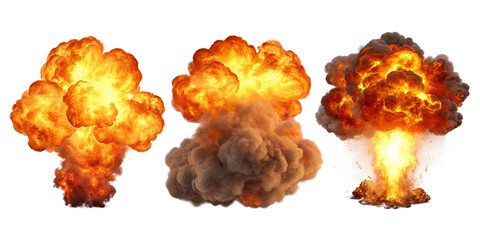 Obraz premium Three Intense Fireball Explosions in Different Styles, Dramatic Effects, PNG Transparent