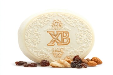 Minimalist Traditional Paskha Dessert Made From Creamy White Cheese With Embossed XB Letters and Decorated With Dried Fruits and Nuts