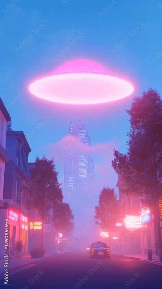 Aufkleber cyberpunk alien skyscraper scene neon-lit metropolis with hovering vehicles and enormous moon - futu