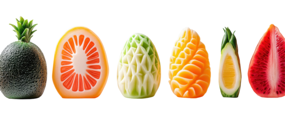 Colorful assortment of creatively carved fruits, showcasing artistic culinary skills. transparent background