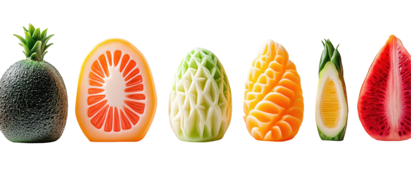 Colorful assortment of creatively carved fruits, showcasing artistic culinary skills. transparent background