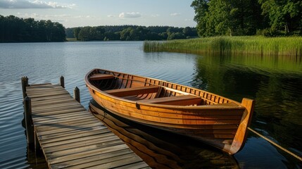 Obraz premium An elegant rowing boat is moored at the pier on a calm lake.