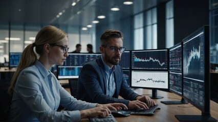 Professional traders working on stock market analysis, focused on financial charts and real-time trading data in a modern corporate office, using multiple monitors to track market fluctuations