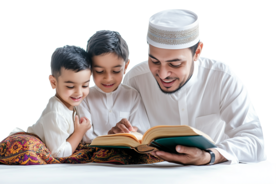 Set of a father telling Ramadan stories to his children, isolated on a transparent background.