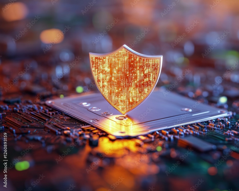 Aufkleber Futuristic Cybersecurity Interface Digital Shield on Circuit Board with Encrypted Data Streams - Network Defense Visualization for Tech and Digital Security Solutions