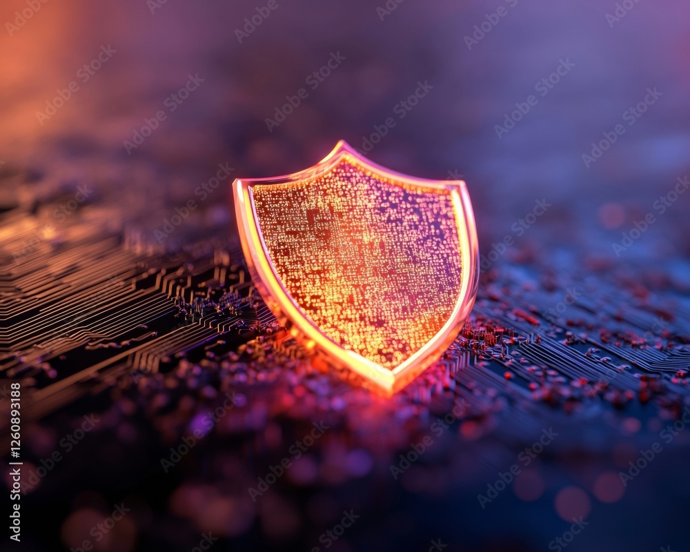 Aufkleber Holographic Cyber Shield on Quantum Circuitry Futuristic Security Interface for Advanced Network Protection in Tech and Digital Industry - Enhancing Data Defense and Business Innovation
