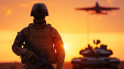 Soldier Silhouette Against Sunset with Aircraft and Tank in Background