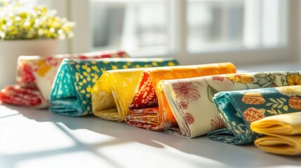 Colorful Fabric Rolls with Floral Patterns in Bright Sunlight