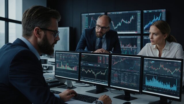 Stock market analysts in a modern office analyzing financial charts on multiple monitors, discussing investment strategies and trading decisions in a high-tech, fast-paced corporate environment - Powered by Adobe