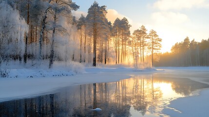 Fototapeta premium Winter sunrise over frozen river, snowy forest