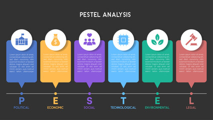 Dark-Mode PESTEL Analysis Infographic with Speech Bubble Style Sections