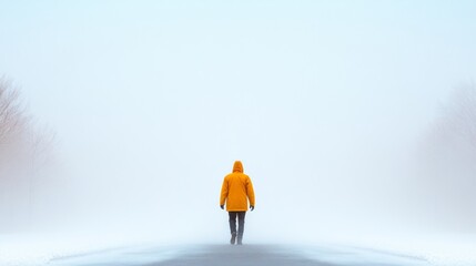 Minimalist Winter Storm Lone Figure in Vibrant Jacket Amidst Whiteout - Visual Content for Public Safety and Humanitarian Aid Campaigns