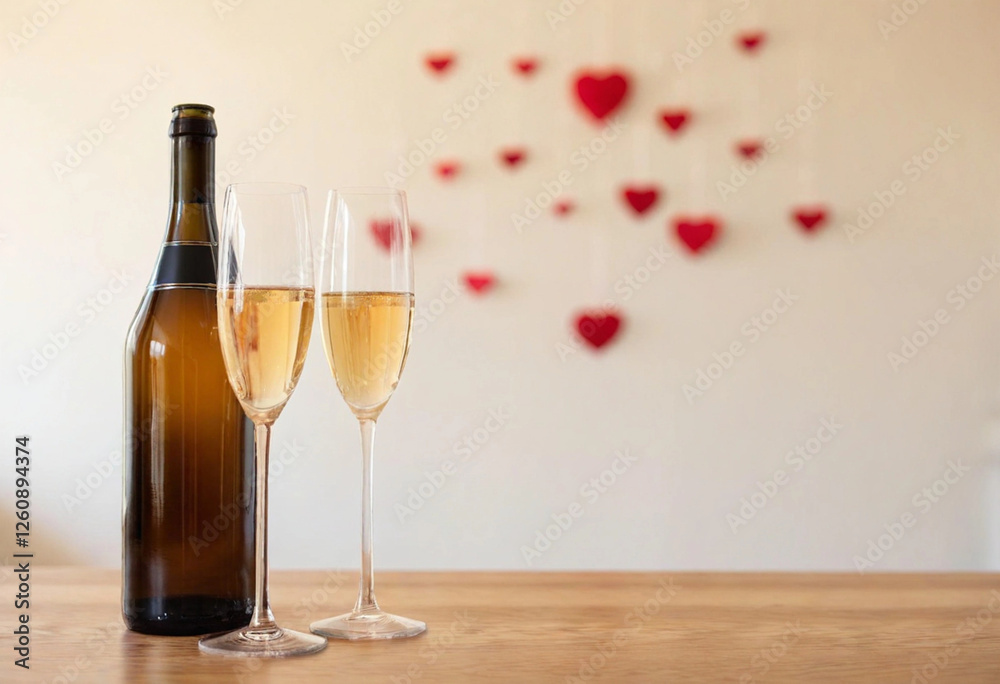 Sticker A medium long shot featuring a beautifully arranged bar cart with a bottle of champagne and elegant glasses filled with sparkling wine. The heart-shaped Valentine's Day decorations in the background a