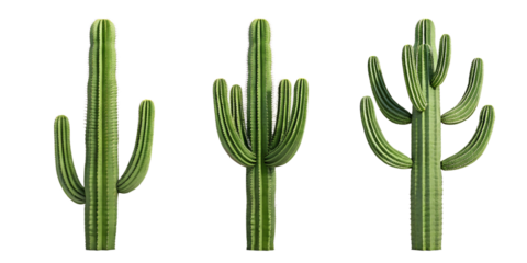Tall Green Cactus Plants on White Background, Three Unique Styles for Indoor Decor, PNG Transparent