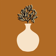 A linear graphic branch with leaves in a simple vase. Botanical illustration in retro style. Vector decor element isolated on a background.