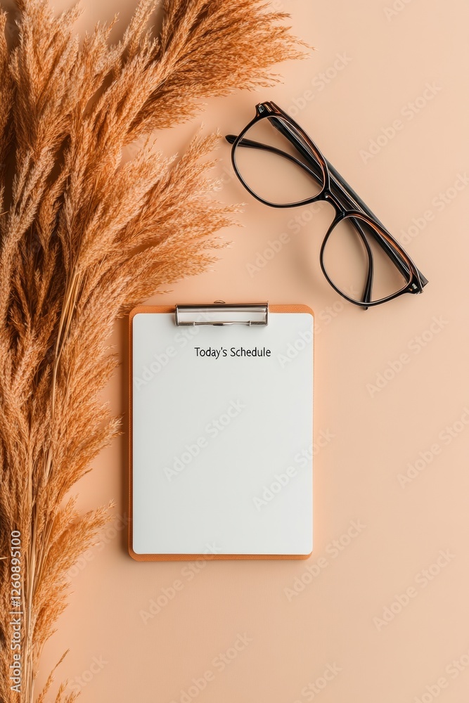 Poster minimalist workspace vibes modern clipboard with todays schedule text and natural pampas - streamlin