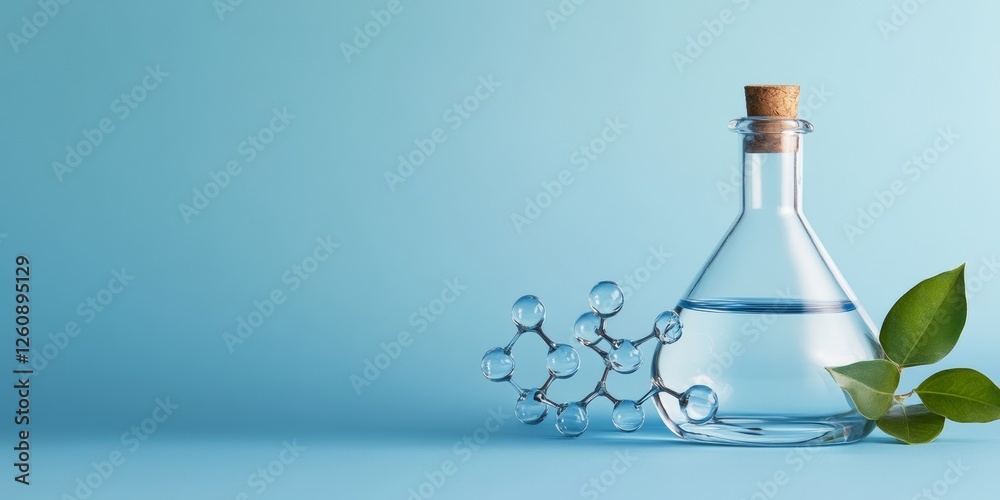 Poster futuristic biotechnology display transparent molecular model and glassware amidst leaf motif - genom