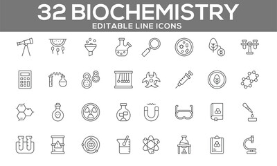 Biochemistry Line Icons Set | Editable Science and Laboratory Icons for Web and App Design