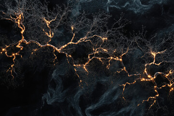 Highly detailed neural network with branching dendrites and bioluminescent synapses, showcasing the transmission of electrochemical impulses in a dark background 