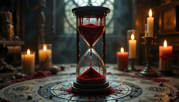 a horror hourglass, clock, time, candle, night, timer, countdown, antique, old, sand, old-fashioned, glass, material, hour, money, watch, object, business, minute, concept, 3d, symbol, instrument, mea