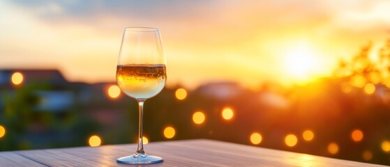 Obraz premium Sunset Dining Elegance Crystal Glassware with Sparkling Beverage on Oak Table Luxury Outdoor Event Styling and Festive Atmosphere Creation