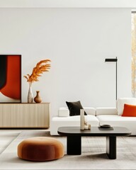 Modern Living Room, Featuring Minimalist Furniture and Warm Decor, Inviting and Cozy Ambiance with Natural Light