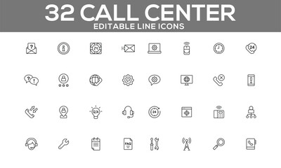 Call Center Line Icons Set | Editable Customer Support and Communication Icons for Web and App Design