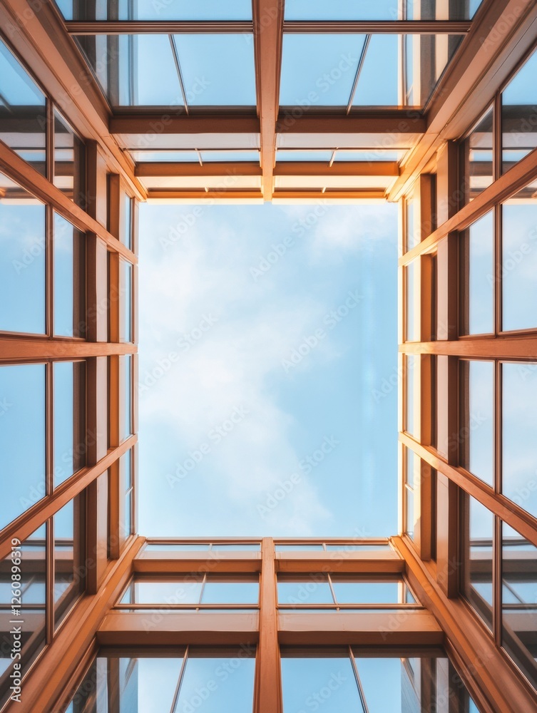 Poster modern architectural design geometric glass and wood structures in business innovation spaces - elev