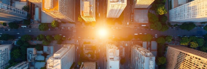 Futuristic Urban Skyline Digital Aerial Cityscape with Sunlit Architecture - Innovative Smart Infrastructure and Urban Planning for Modern Connectivity