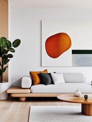 Modern Living Room, Featuring Minimalistic Sofa And Art Piece, With Indoor Plant Element, Representing Contemporary
