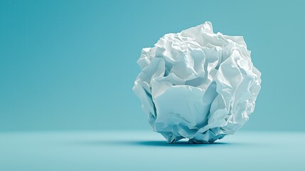Abstract White Crumpled Paper Ball on Light Teal Background