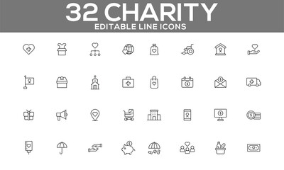 Charity Line Icons Set | Editable Donation and Non-Profit Icons for Web and App Design