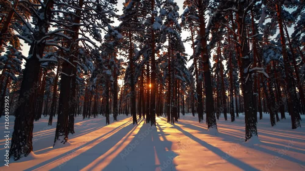 Poster snow-covered forest with sunlight filtering through trees, winter serenity and nature tranquility co