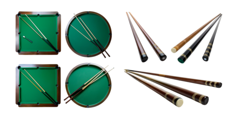 Billiard Tables with Cues and Game Accessories on White Background