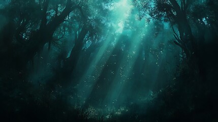 Sunbeams illuminate a mystical, dark forest with glowing particles.
