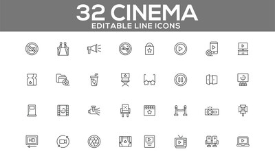 Cinema Line Icons Set | Editable Movie and Entertainment Icons for Web and App Design